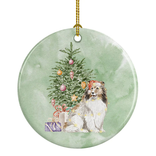 Sheltie Christmas Presents and Tree Ceramic Ornament