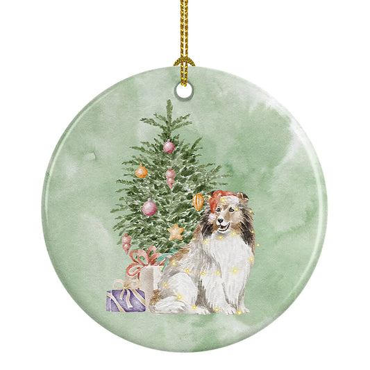 Sheltie Christmas Presents and Tree Ceramic Ornament