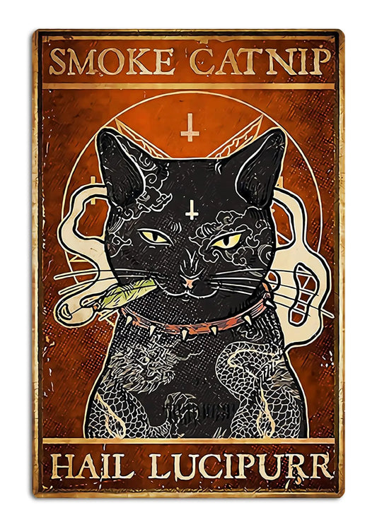 Retro Black Cat Wall Decor Funny Metal Sign 8x12 Inch Smoke Catnip Vintage Home Decor Cat Sign for Wall Decorations