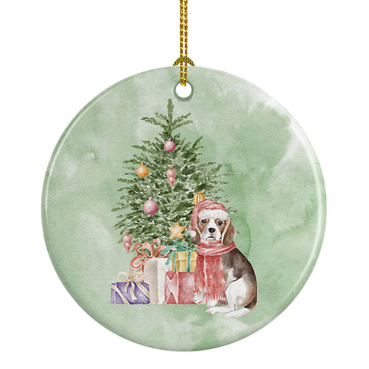 Beagle Puppy Christmas Presents and Tree Ceramic Ornament
